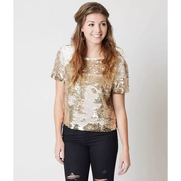 Womens Buckle Ark & Co Gold Metallic Bling Sequin Stunning Holiday Top - Sz S - Picture 2 of 5